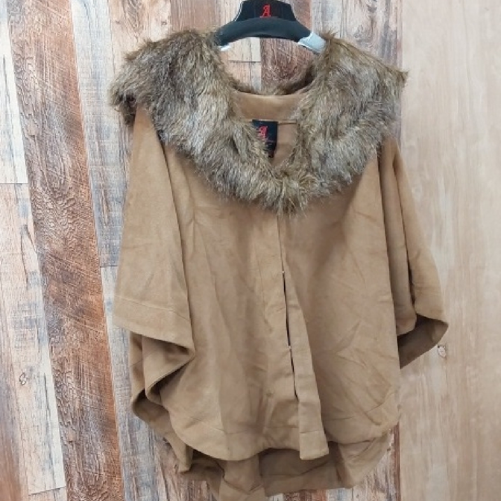 Adrienne Landau Brown Cape with Faux Fur Trim Large